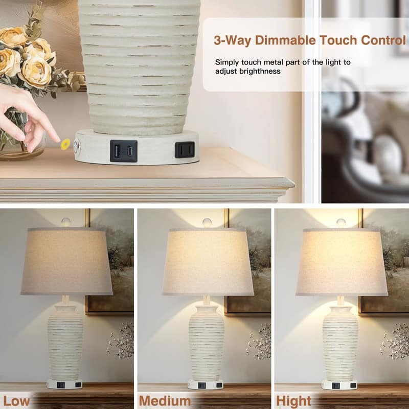 Set of 2 Touch Control 25-Inch Table Lamps with USB & Type-C Ports and Drum Shades