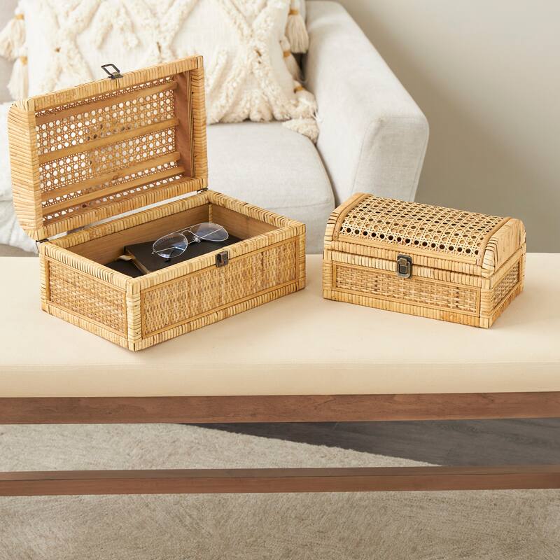Brown Rattan Handmade Woven Storage Decorative Box with Curved Tops and Wrapped Edges (Set of 2) - Brown
