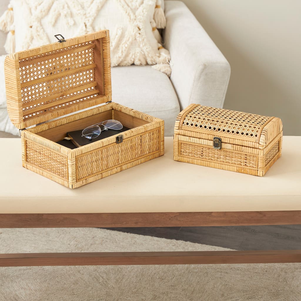Brown Rattan Handmade Woven Storage Decorative Box with Curved Tops and Wrapped Edges (Set of 2)