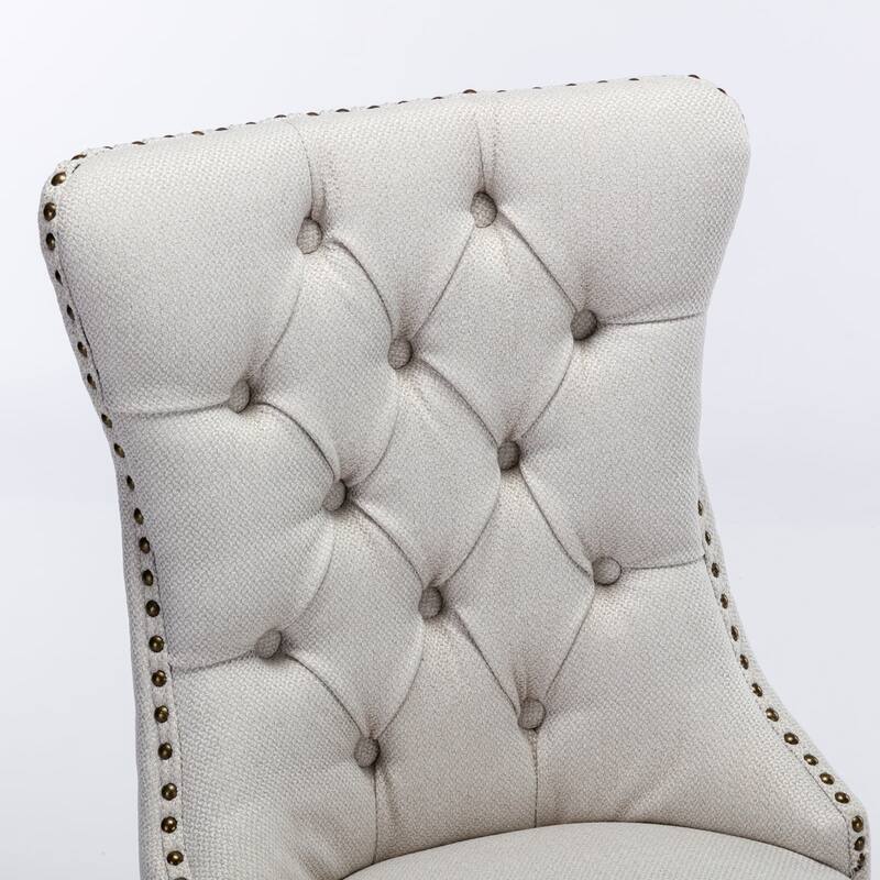 Linen Upholstered Dining Chairs Set of 2, Tufted Kitchen Side Chairs, Dining Room Chair with Solid Wood Legs & Nailhead Trim