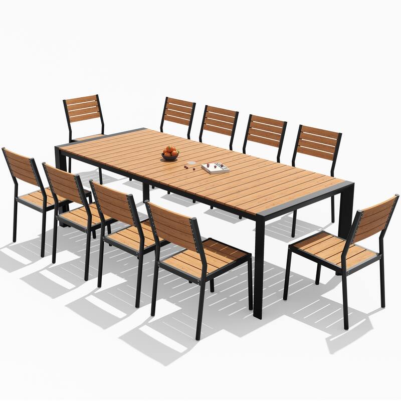 11-Piece Outdoor Patio Dining Set Wood Like Table Top Aluminum Rectangular Umbrella Hole Table with Stackable Chairs