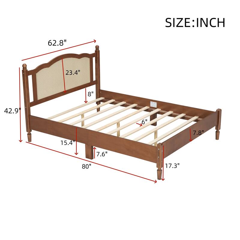 Wooden Frame Platform Bed Classic Bed Frame with Rattan Headboard, Bed Foot and Head Arc Design for Coastal Bohemian Bedroom