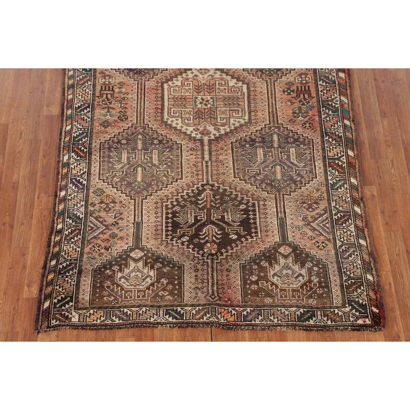 Tribal Geometric Qashqai Persian Antique Rug Hand-Knotted Wool Carpet - 5'0" x 7'11"