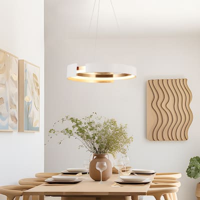 Modern 1-Light White Gold Round LED Wheel Chandelier Metal Pendant Lights for Dining Room - 20.5 " × 3.5 "