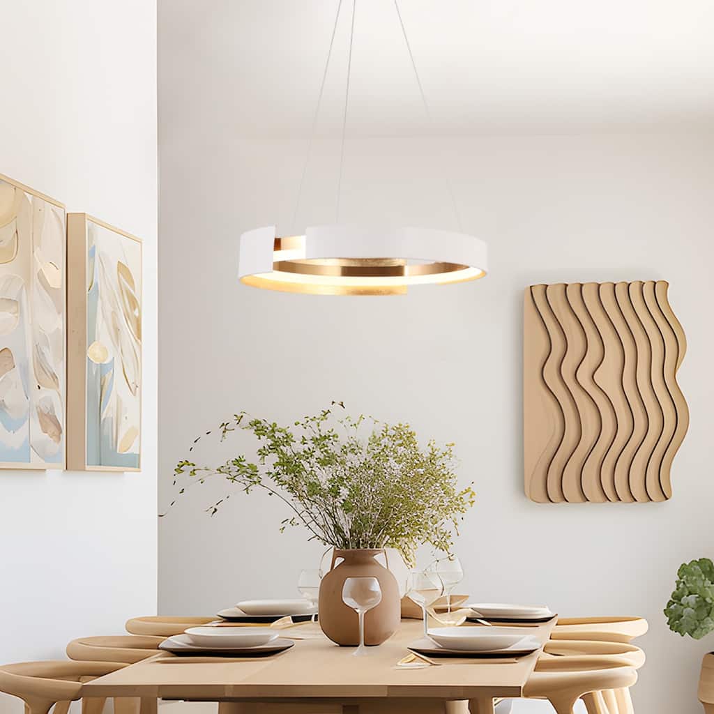 Modern 1-Light White Gold Round LED Wheel Chandelier Metal Pendant Lights for Dining Room - 20.5 " × 3.5 "