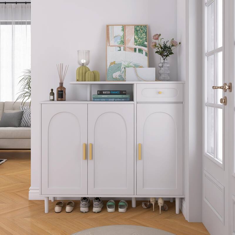 Shoe Cabinet with Arched Doors and Drawer, Storage Sideboard with Adjustable Shelves and Solid Wood Legs - White - 47.2＂W x14.2＂D x 43.3＂H
