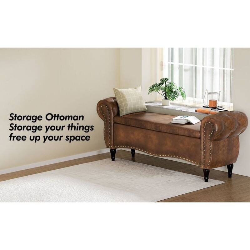 53" Length Upholstered Bench, Ottoman with Safety Hinge and Rolled Arm