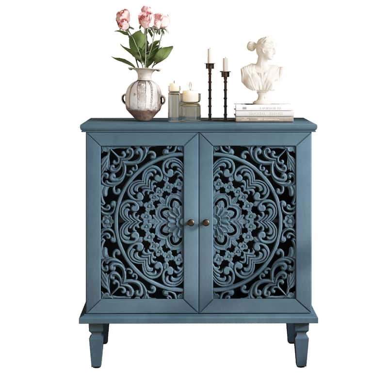 GDF Studio - Vintage Hollow-Carved Accent Cabinet, 2-Door Display Sideboard with Adjustable Shelf