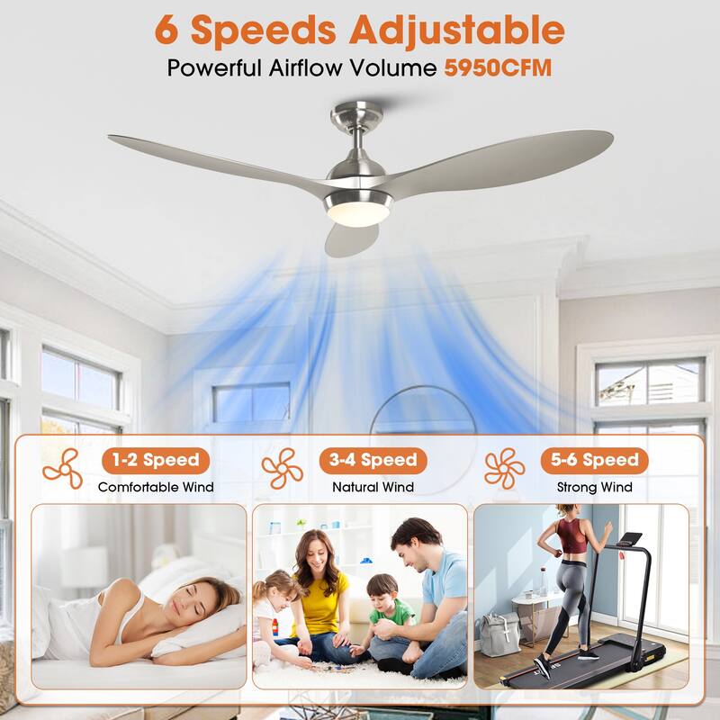 56" Nickel Modern ABS 3-Blade LED Ceiling Fan with Light and Remote