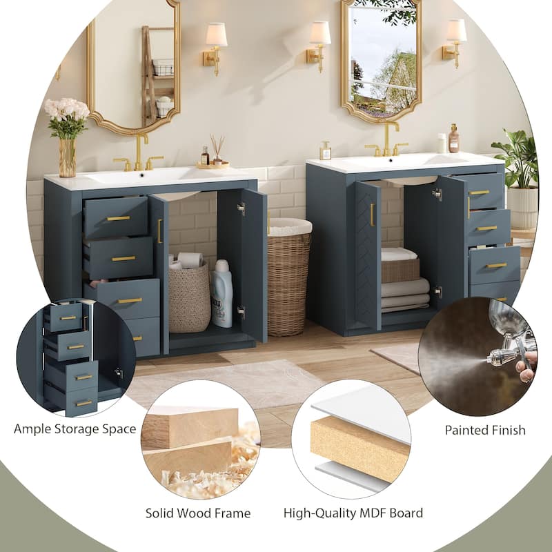 72" Solid Wood Bathroom Vanity with Dual Ceramic Sinks, Freestanding Double Sink Cabinet with Drawers and Soft-Closing Doors