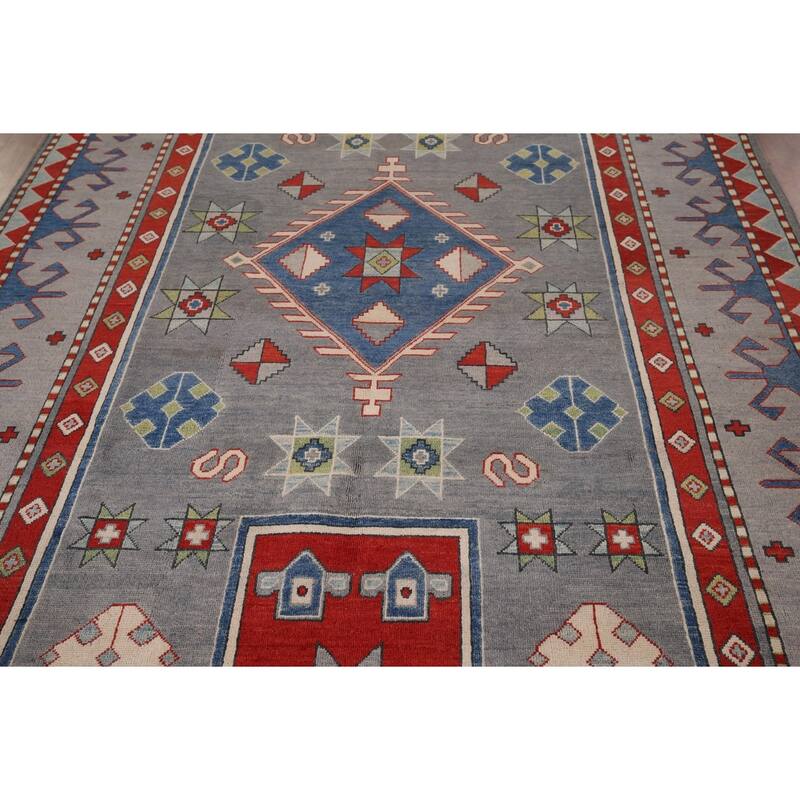 Gray Geometric Kazak Oriental Area Rug Hand-Knotted Wool Carpet - 6'7" x 10'2"