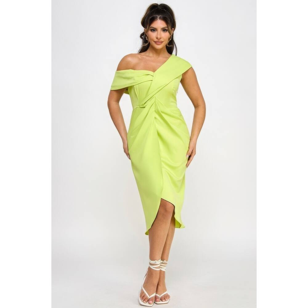 Off Shoulder Twist Front Midi Dress With Tulip Skirt - Overstock - 42131751 Off Shoulder Twist Front Midi Dress With Tulip Skirt - Overstock - 42131751