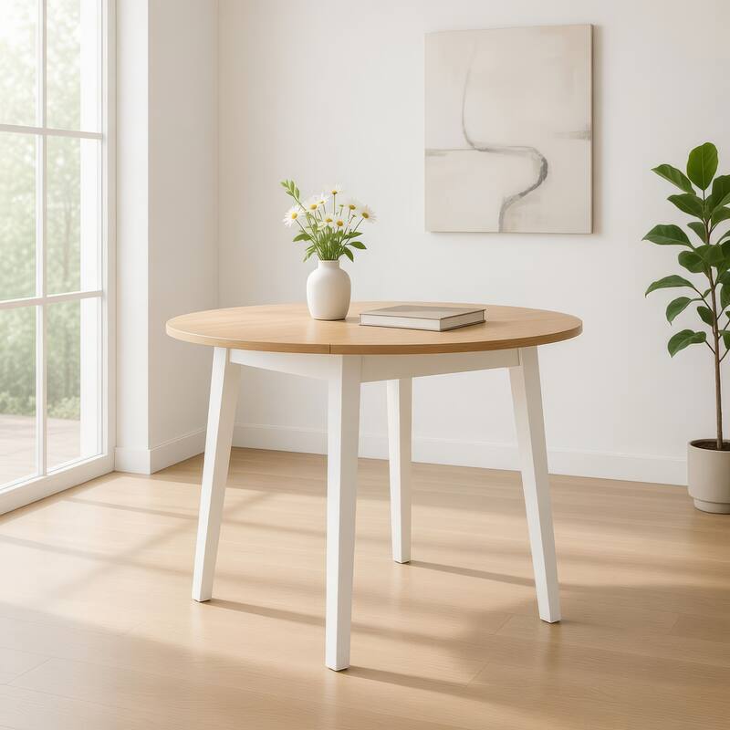 Gasy Dining Table, Extendable 26-42 Inch White Brown Wood, 2 Leaves