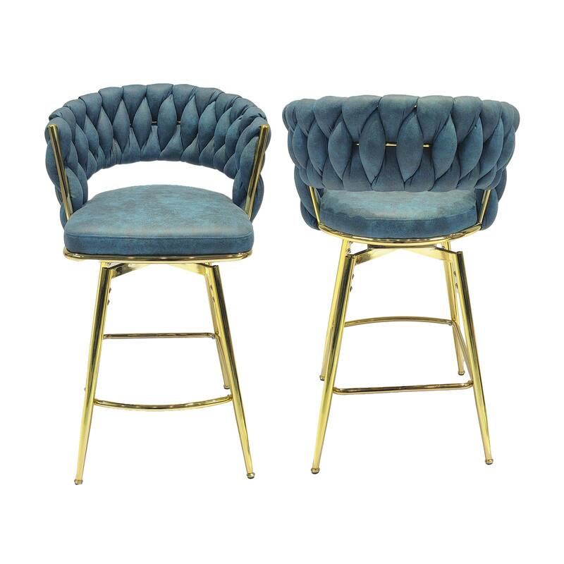 360 Swivel Suede Woven Bar Chair Set of 4, Upholstered Barstools with Metal Base