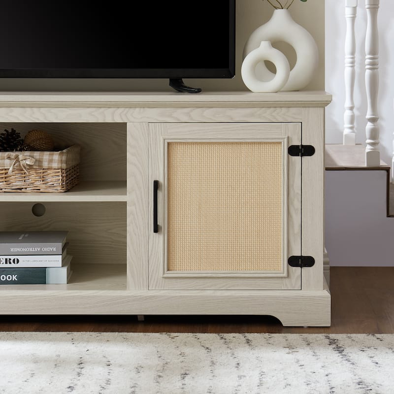TV Stand with Storage Cabinet, Console Table with Natural Rattan Door, Entertainment Center with Adjustable Shelves
