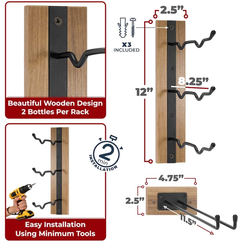 Wine Rack Stemware Wall Mounted (Set of 4) - 12"L x 4.75"W x 2.5"H