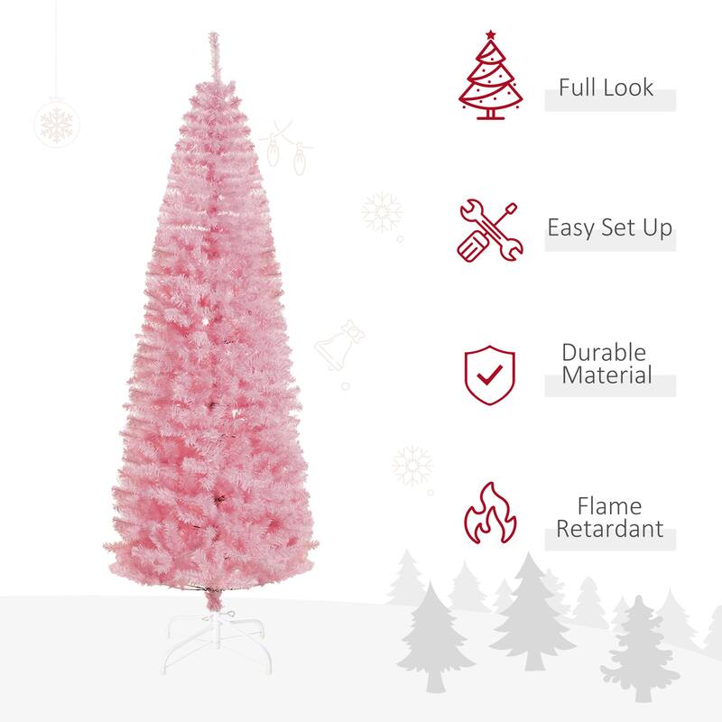 7ft Tall Unlit Pink Pencil Christmas Tree, Compact Slim Douglas Fir with 818 Tips & Easy Assembly