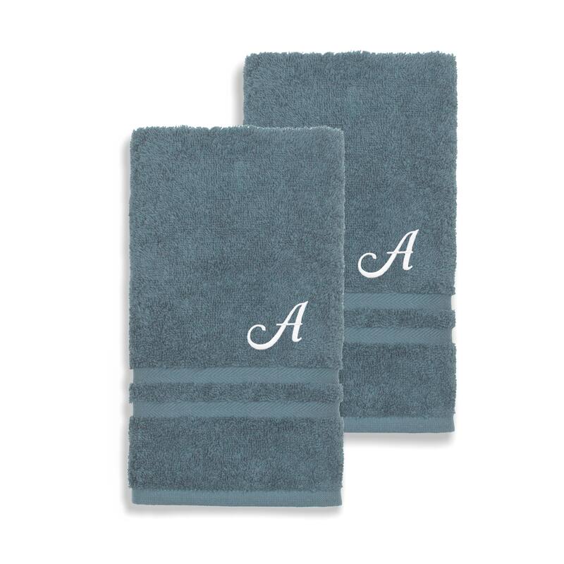 Authentic Hotel and Spa Omni Turkish Cotton Terry Set of 2 Medium Blue Hand Towels with White Script Monogrammed Initial - A