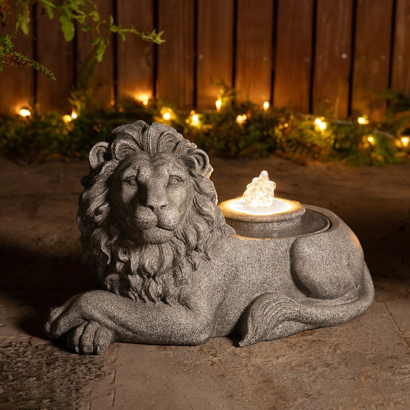 Glitzhome 20"L Zen-Style Lying Lion Polyresin Outdoor Fountain with Pump and LED Light