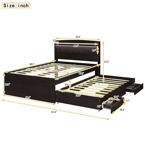 Full XL Wood Storage Platform Bedframe with LED Headboard, Twin Size Trundle & Charging Station, No Spring Box Needed-Dark Brown