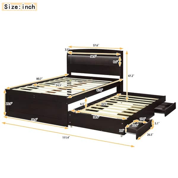 dimension image slide 2 of 4, Twin XL/Full XL Size Platform Bed with LED Storage Headboard and Charging Station, Wood Bed Frame w/Twin Size Trundle &2 Drawers