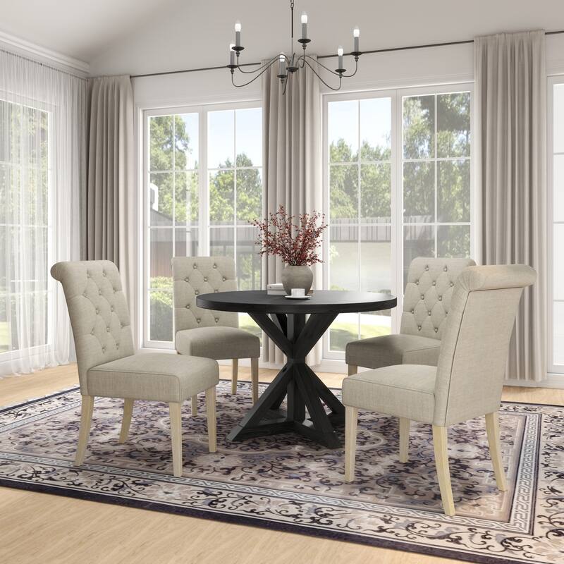 5-Piece, Dining Table Set with Cross-Buck Round Table and 4 Tufted Chairs, for Kitchens and Dining Rooms, TAN - Black