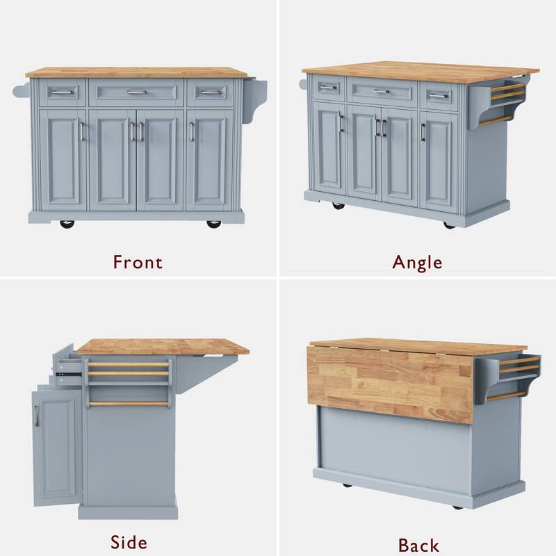 Modern Large Kitchen Island with Rubber Wood Drop Leaf, 3 Drawers Storage Cabinet, Bottom Rollers, Rolling Cart for Dining Room