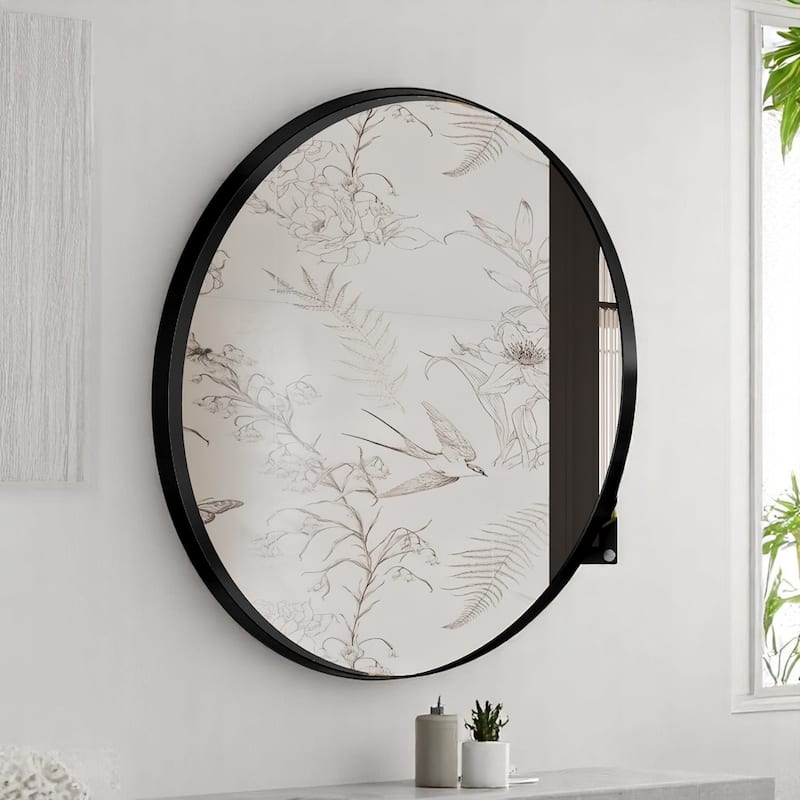Round Metal Framed Wall Mounted Bathroom Mirror Cabinet, 31.5 Inch Surface Mount Medicine Cabinet with Storage