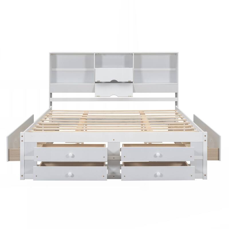 King Size Platform Bed with Storage Headboard and 8 Drawers