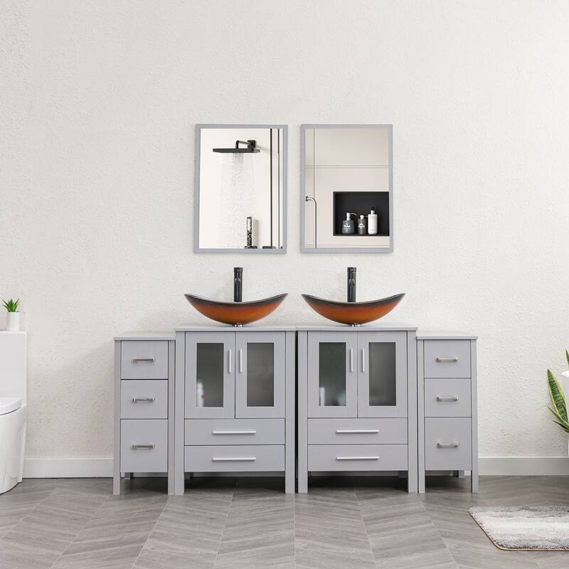 72" Bathroom Vanity Set Glass Ceramic Vessel Sink Side Cabinet Combo