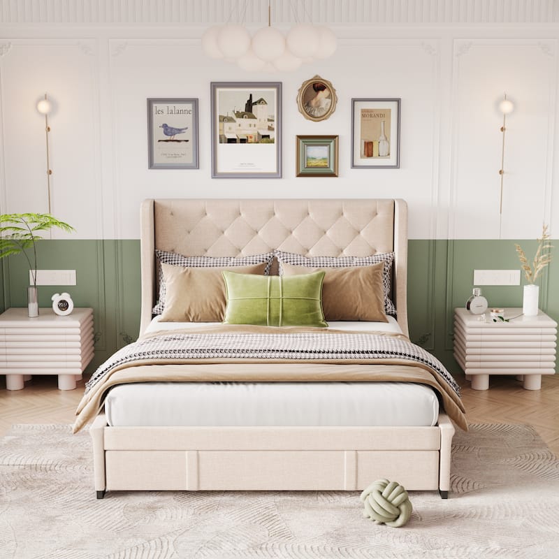 Queen Size Storage Bed with Wingback Headboard and a Big Drawer - Bed ...
