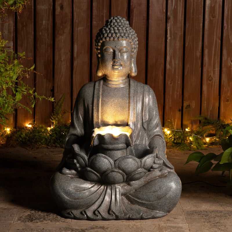 Glitzhome 28.25"H Zen Style Meditating Buddha Statue Patio Fountain with LED Lights - 28.25"