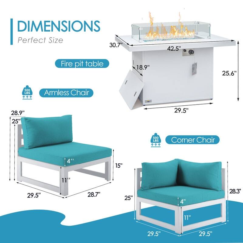 FINCATI Modern 7 Piece White Aluminum Outdoor Furniture Set with Propane/Natural Gas Firepit Table