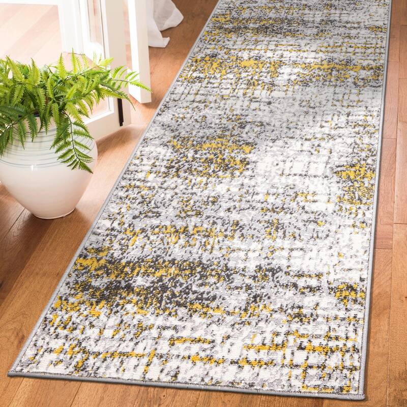 World Rug Gallery Distressed Abstract Modern Area Rug - 2' x 7' - Yellow - Runner
