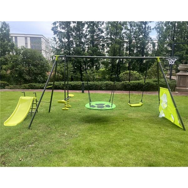 slide 2 of 10, Interesting Six Function Swing Set with Net Swing Metal Plastic Swing Green