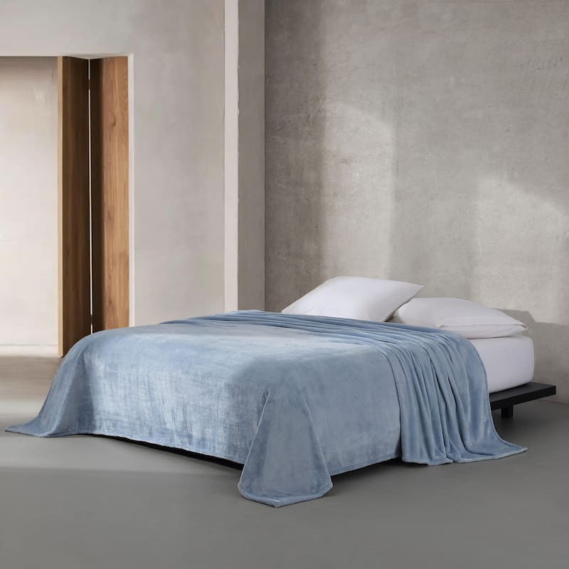 Calvin Klein Plush Solid Reversible Blanket - Queen - Chambray Blue