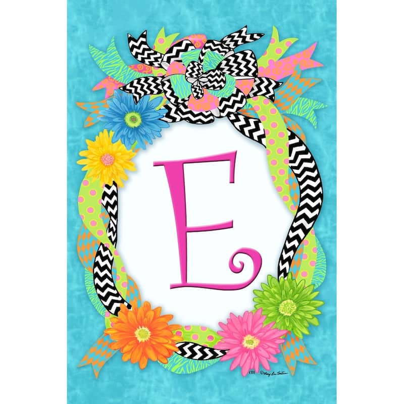 Pretty Daisy Flowers Bright Chevron Ribbons Monogram E Double Sided Garden Flag - Multi