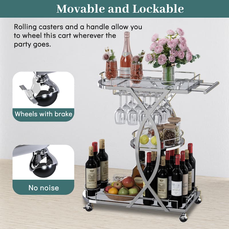 Myhozm Metal Glam Bar Cart with Glass Shelves and Wine Rack