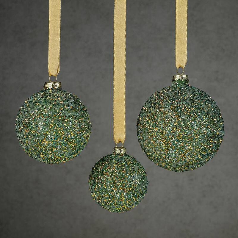 4.75" Beaded Tinsel Green Glass Ball Ornaments, Set of 4