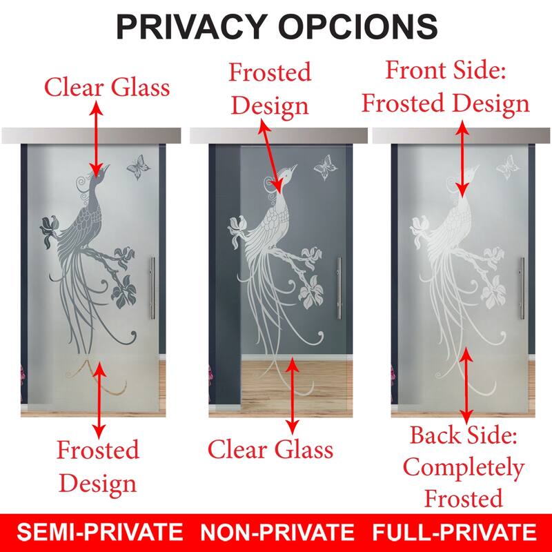 Glass Sliding Barn Door with Modern Frosted Design Hardware