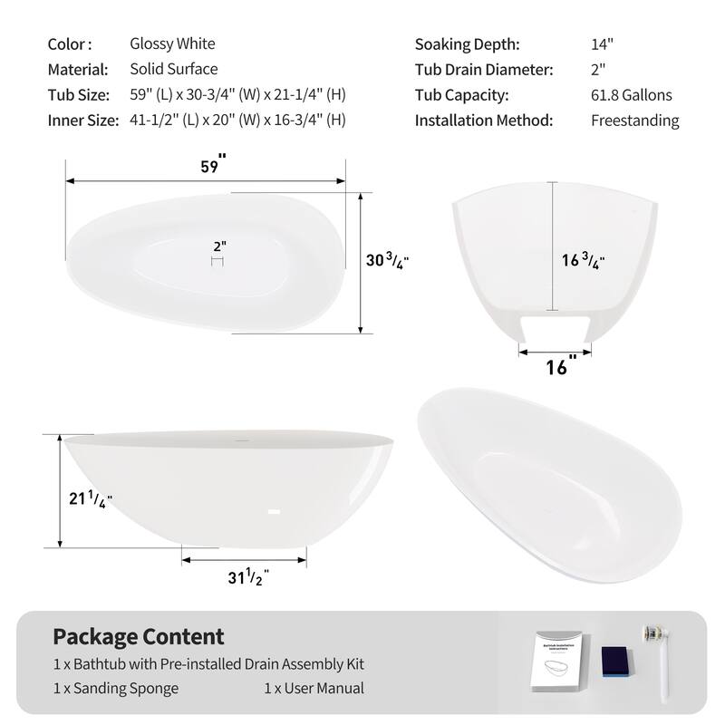 59" Glossy White Solid Surface Bathtub