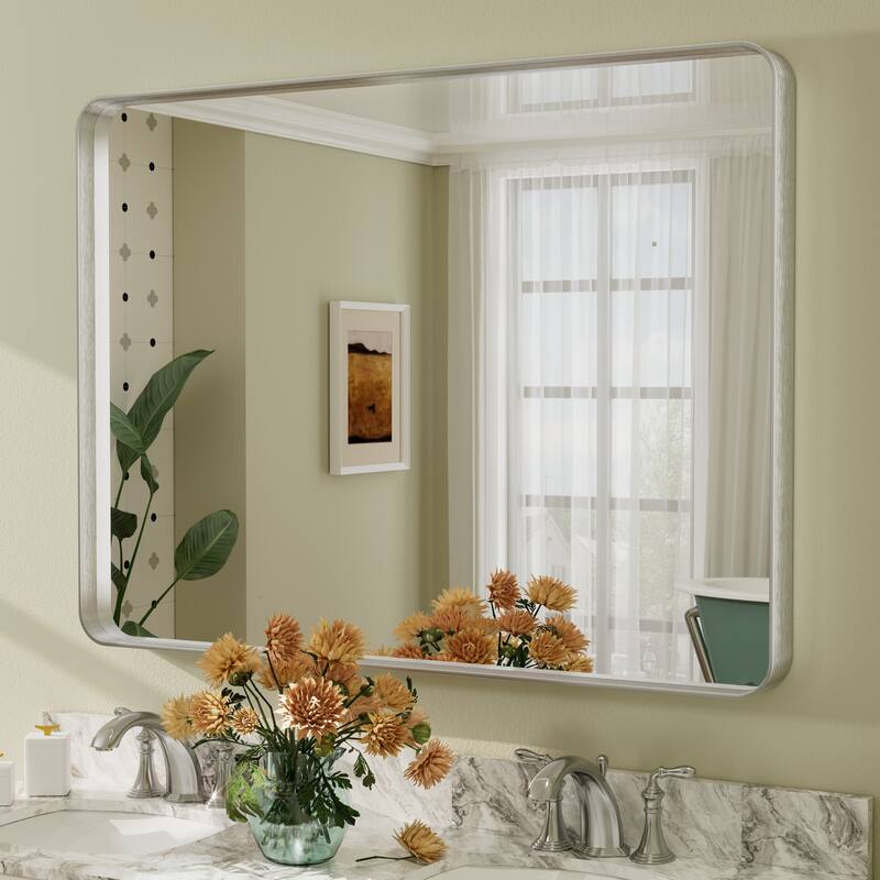 Aluminum Alloy Framed French Cleat Mounted Tempered Glass Wall Vanity Mirror - 48" x 36" - Silver