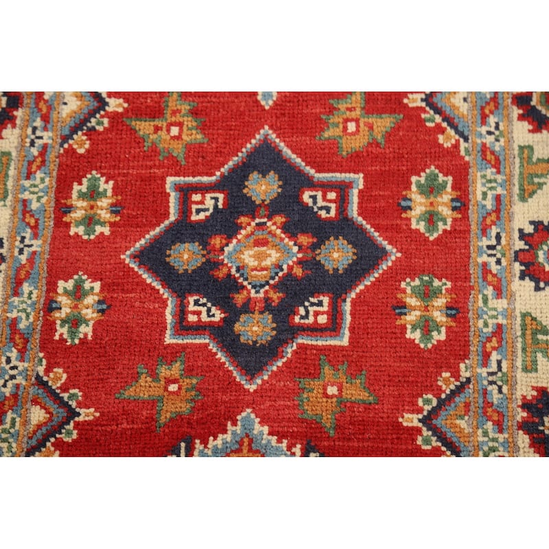 Red Geometric Kazak Oriental Accent Rug Hand-Knotted Wool Carpet - 2'0" x 3'0"