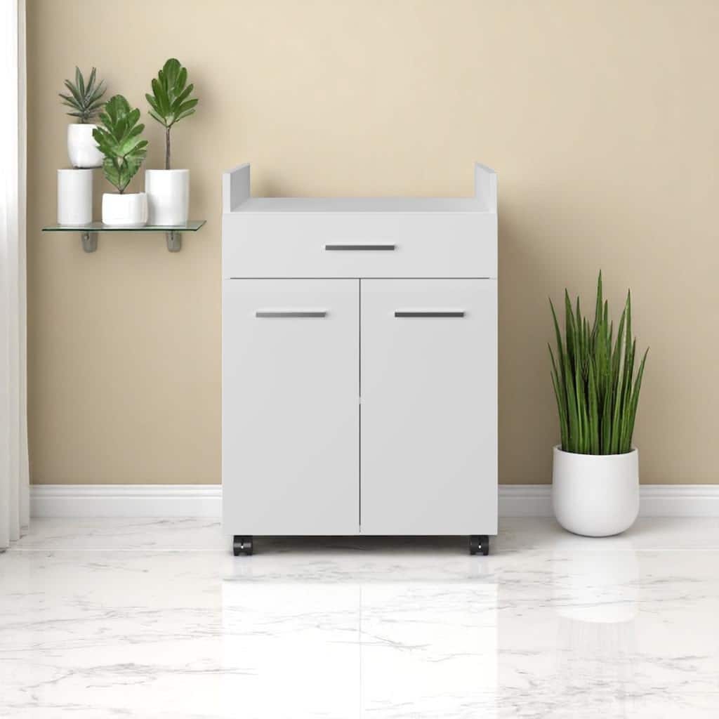 Compact Kitchen Island Cart with Storage Drawer, Shelves, Cabinet and Wheels, White MDF Rolling Cart
