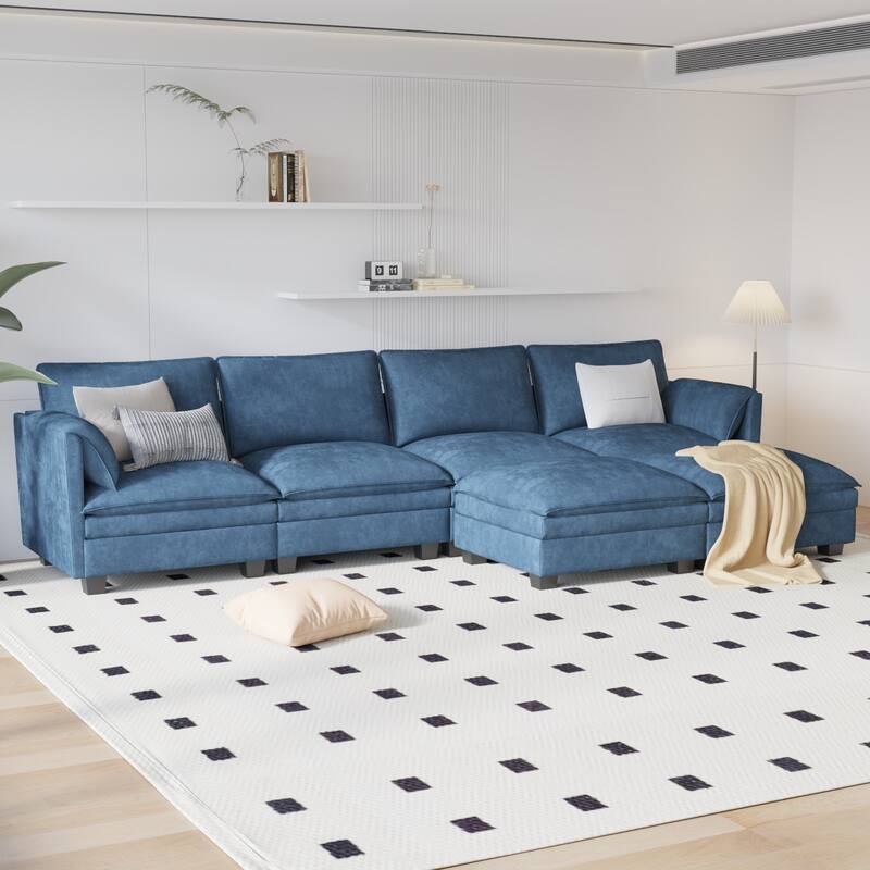 U-Shaped Sectional Sofa with Movable Ottoman, Oversized Fabric Upholstered 6 Seater Sofa, Deep Seat Sofa with Side Pockets