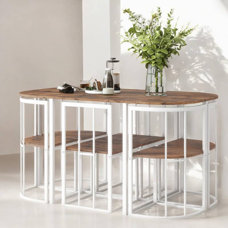 Modern 7-Piece Dining Set with Faux Marble 55" Compact Table and 6 Triangular Chairs for Small Spaces and Dining Room