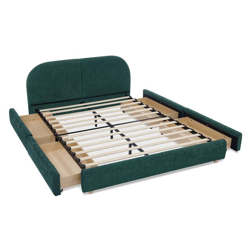 Fabric Upholstered Platform Bed Frame with Curved Headboard/4 Built-in Wheeled Storage Drawers/Sturdy Legs Support/Easy Assembly