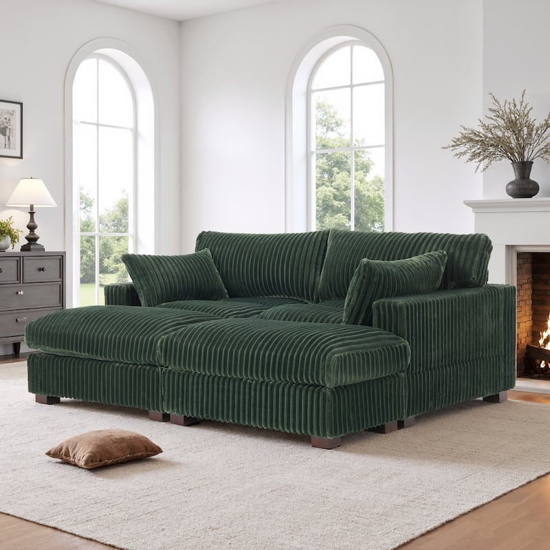 Oversied Plush Corduroy Fabric Modular Sectional Sofa with Chaise, Ottoman - Left Facing - Green-3 Pieces