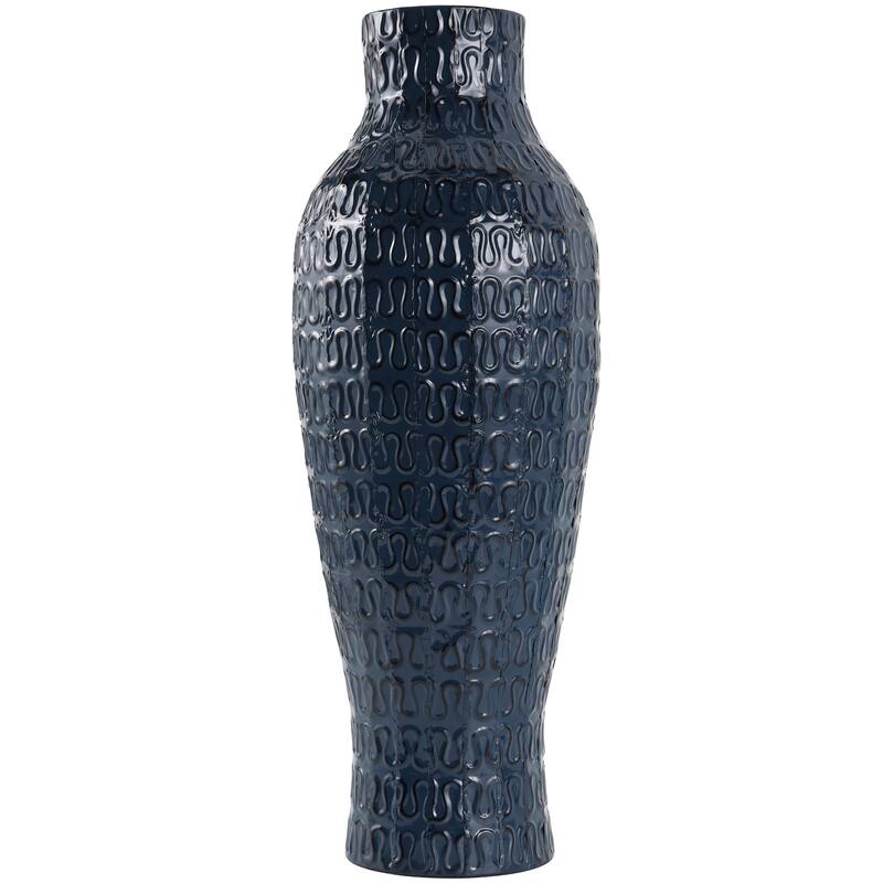 Dark Blue Metal Dimensional Textured Decorative Vase with Wavy Pattern