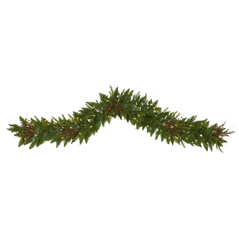 6' Christmas Pine Garland with 50 Warm White LED Lights and Berries